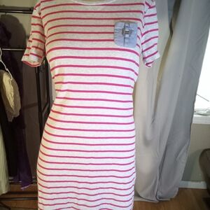 Tommy Hilfiger Pink and White Mini Dress Casual Crew Neck